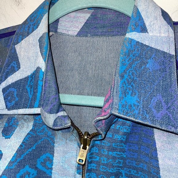 Vintage Womens Denim Bomber Jacket Size Medium Blue Purple Pink Abstract Print - Picture 13 of 14